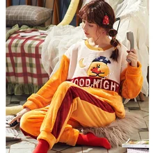 Осенне-зимний пуловер, фланелевые пижамы для взрослых девочек, домашний костюм с круглым вырезом, повседневная женская одежда для сна, милые пижамные комплекты