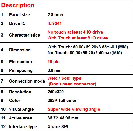 240320 2,8 дюймовый TFT lcd полноцветный дисплей ILI9341 18Pin 0,8 мм расстояние 262K супер широкий угол обзора 4 провода SPI интерфейс