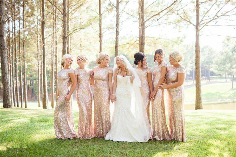 Rose Gold 2020 Cheap Mermaid Bridesmaid Dresses Short Sleeves Backless Long Beach Sequins Wedding Party Maid of Honor Dress (2)
