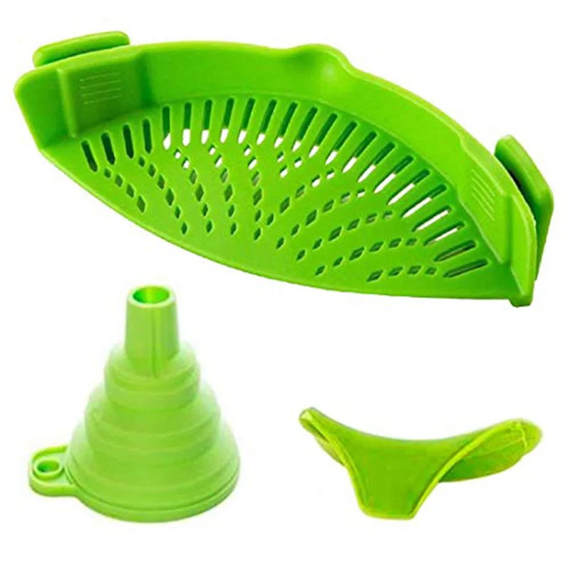 

Silicone Strainer With Foldable Funnel With Universal Drainer, Kitchenware for Fruit Vegetables Noodle Pasta Peas Lentils, Green