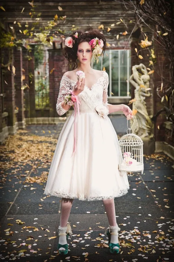 Vestido De Noiva Curto короткое винтажное кружевное платье с рукавами трапециевидной формы с v-образным вырезом и открытой спиной, сделанное на заказ, Платья для подружек невесты