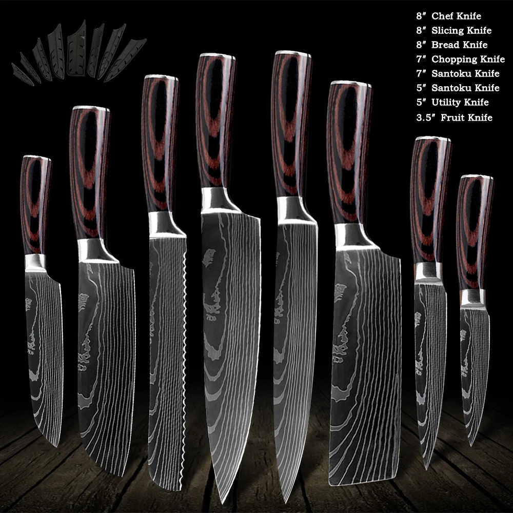 Muz Damascus Stainless Steel Kitchen Knives Set 8 Pieces Chef Knife Pattern Cooking Gadgets Tools w/gift Sheath | Дом и сад