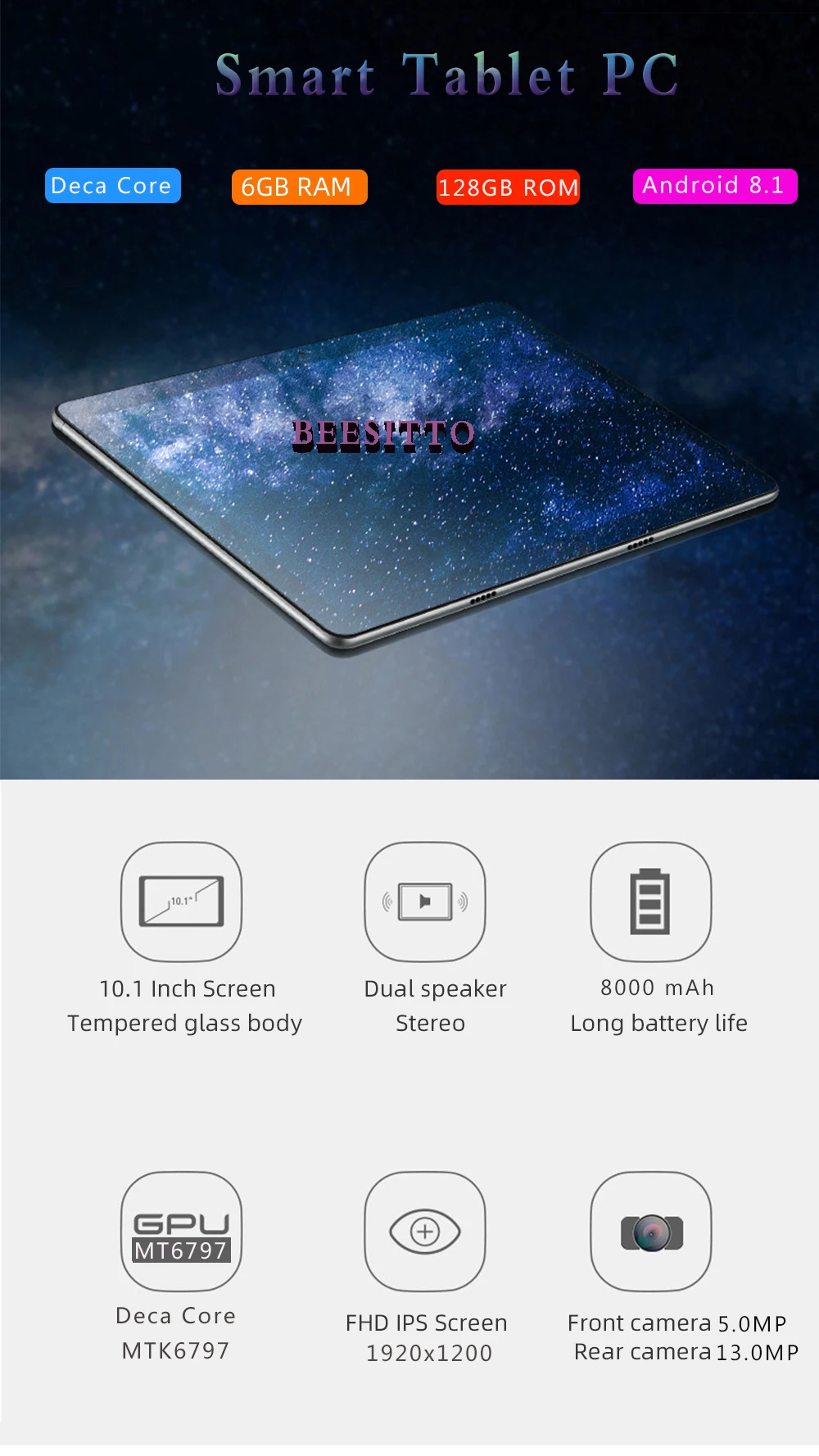 Новинка 2.5D Закаленное стекло 10 дюймов Deca Core 4G FDD LTE планшетный ПК 6 ГБ ОЗУ 128 Гб ПЗУ 1920*1200 Android 8,1 планшет 10,1+ подарки