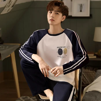 

2020 Spring Korean Long Sleeve Pajama Sets for Men Cotton Sleepwear Suit Nightwear Male Loungewear Pyjamas Homewear Home Clothes