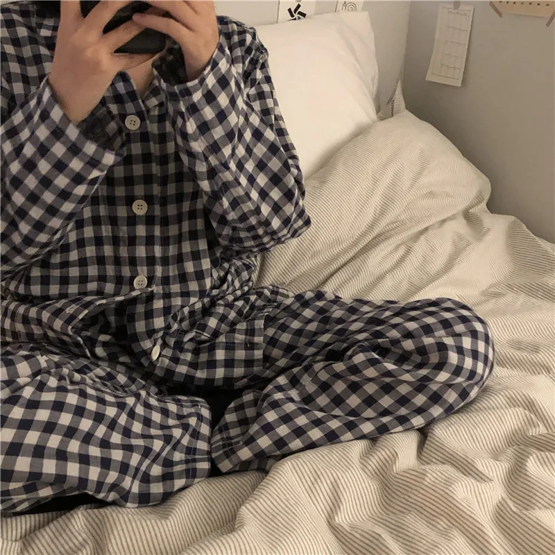 

comfortable loose leisurewear suit plaid Autumn Winter Women Pajamas Set Sleep Jacket Pant Long Sleeve sleepwear Warm Suit