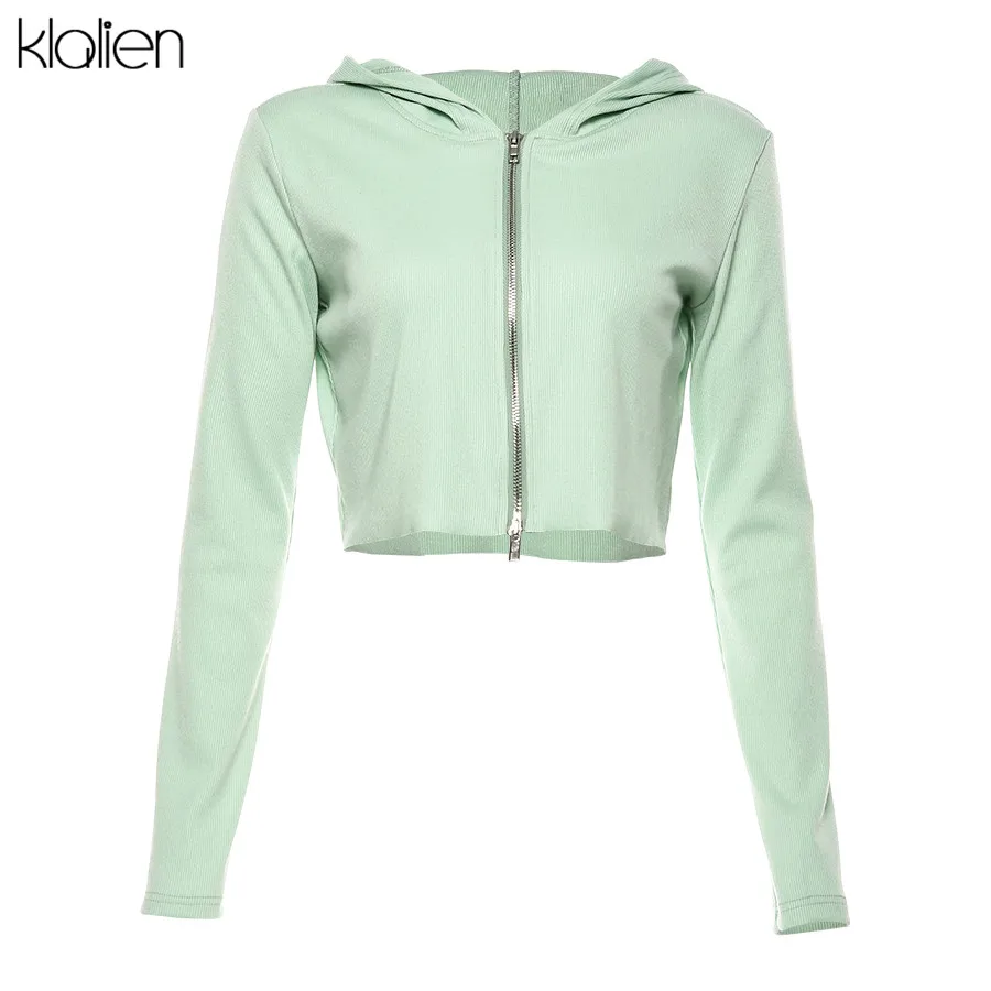 KLALIEN autumn hot Zipper V-Neck knitting Hooded Long Sleeve Women Casual Thin coat Knitted stretch Slim Female tops