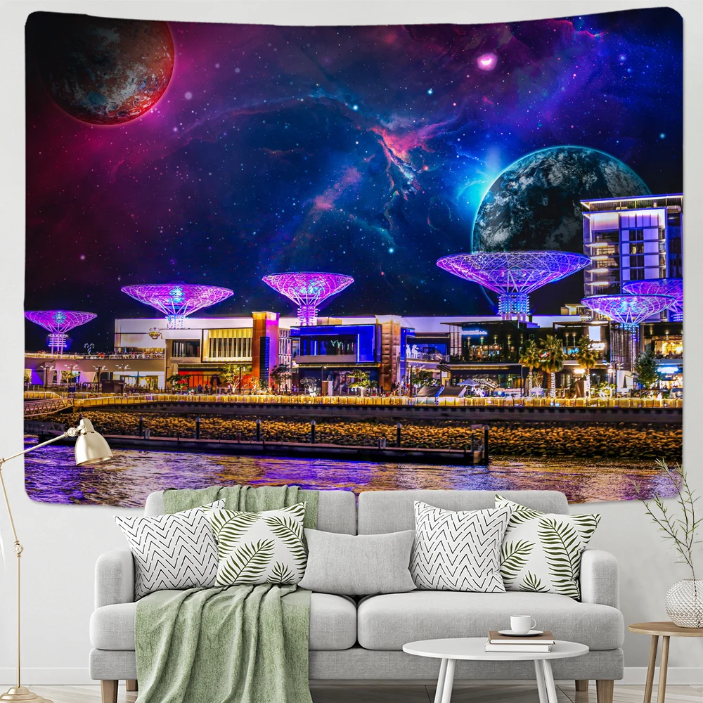 Mysterious Planet City Starry Sky Space Tapestry Wall Hanging Cheap Large Psychedelic Star Tapestry Wall For