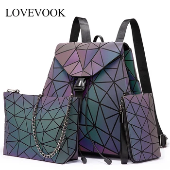 

Lovevook women backpack schoolbag foldable crossbody bag for ladies bag set 3 Pcs purse geometric bag luminous color