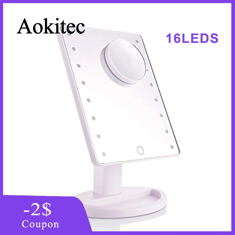 Aokitec 16 светодиодов 360 градусов вращающееся зеркало для макияжа настольное с USB