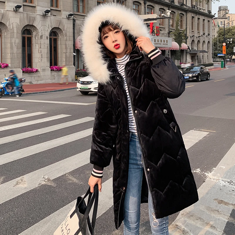 

New Oversized Coats Thick Winter Jacket Women Hooded Fur Collar Down Cotton Coat Long Jacket Female Parkas Gold velvet Coats