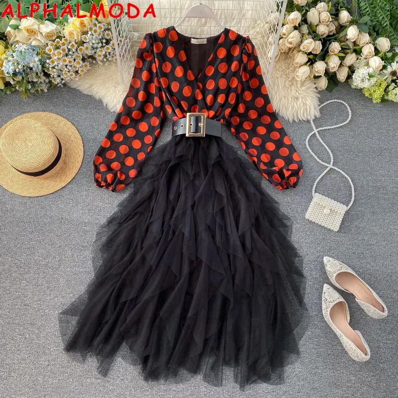 ALPHALMODA женское платье 2019 в горошек с рукавами пузырьками высокой талией неровная