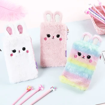 

Colorful Plush Pencil Bag Bunny Stationery Storage Bag Soft Rabbit Ear Design Pouch Coin Purse School Office Supplies