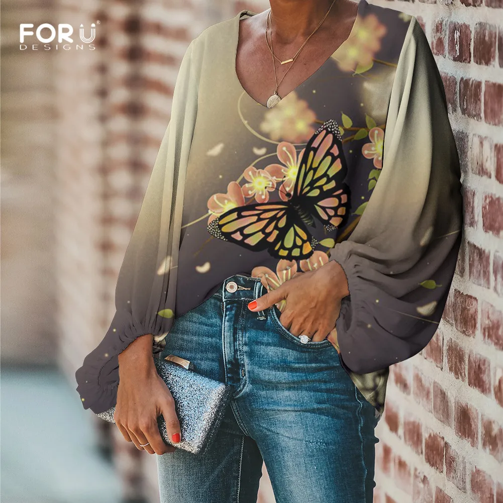FORUDESIGNS/женские шифоновые топы с красивыми бабочками, модные женские блузки с длинными рукавами, весенние Рубашки - Цвет: HMQ076B2