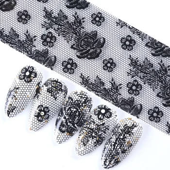 

100cm Black Lace Flowers Nail Art Transfer Foils Stickers Set Wraps Paper Manicure Acrylic Nail Design Leaf Decorations TRXK12-1