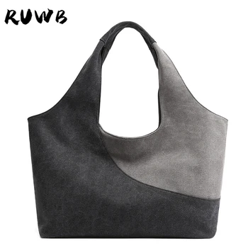 

RUWB Women Canvas Bag 2019 Winter Casual Top Handle Tote Bag Ladies Patchwork Large Capacity Shopping Handbag Sac A Main Femme