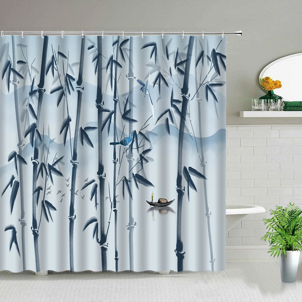 

Занавеска для душа с бамбуковыми чернилами, Полиэстеровая ткань, экраны для ванны, декор для ванны, водонепроницаемая подвесная занавеска с крючками