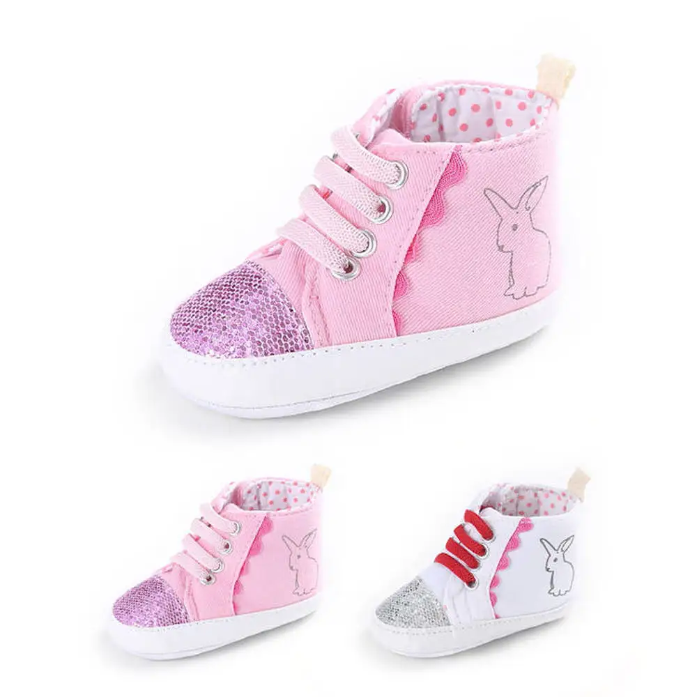 Обувь для маленьких девочек; парусиновые кроссовки с принтом кролика; мягкая хлопковая обувь с украшением на носке; светильник для новорожденных; обувь для малышей