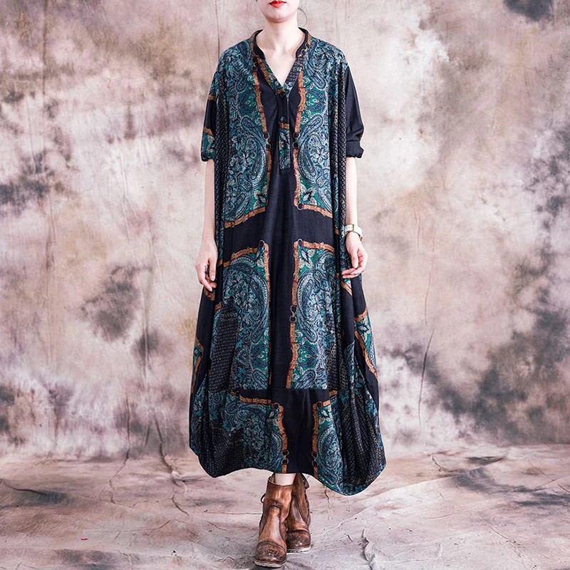 

Johnature 2019 New Vintage Print Women Dresses Leisure Retro V-neck Long Sleeve Autumn Simple Comfortable Female Plus Size Dress