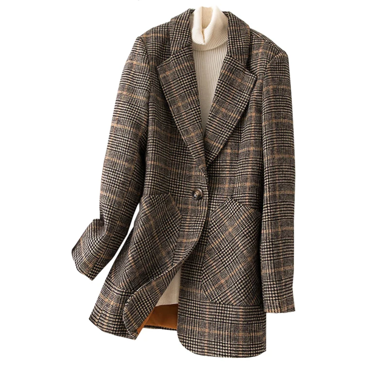 SURUFENG 2021 New Women Suit Jacket Tweed Blazer Femme Plaszcz Wiosenny Damski Sobrecamisa Cuadros Plaid Checkered Blazer ladies suits for weddings