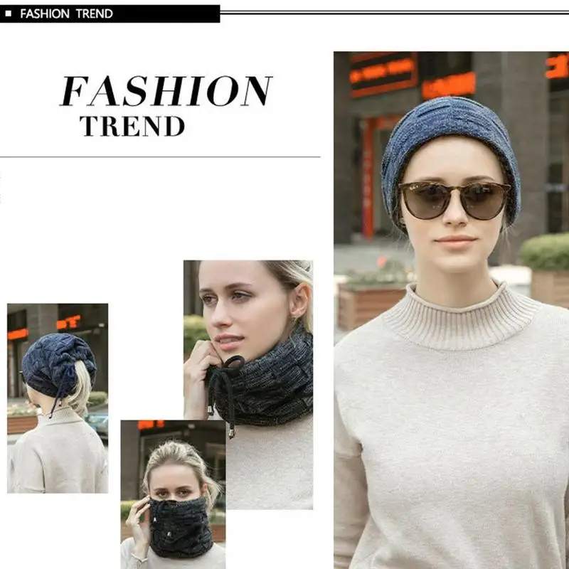

Winter Knit Caps Multi-purpose Plus Velvet Thickening Women Men Warm Headgear Bib Hat Fashion Casual Wool Solid Color Cap