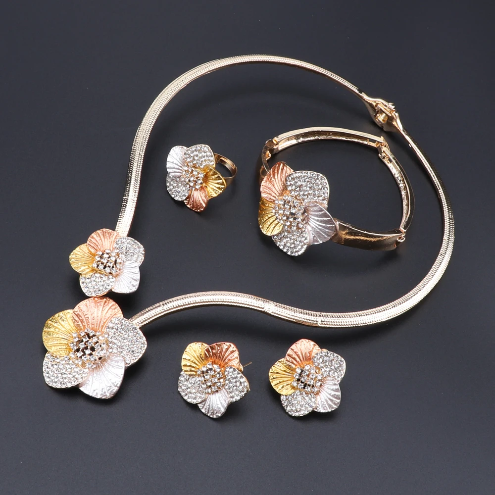 Nigerian Wedding Women Jewelry Set Fashion Dubai Gold Color Flower Shaped Bridal