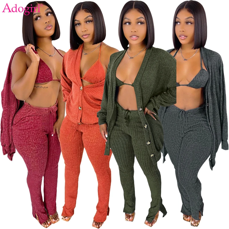 Adogirl Women Solid Sweater 3 Piece Set Lace Up Bra Top Full Sleeve Single Breasted Long Cardigan Split Flare Pants Knitted Suit plus size suit sets