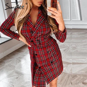 

Simplee Elegant plaid blazer dress women Belted double breasted A-line female midi dress High waist office ladies dresses 2020