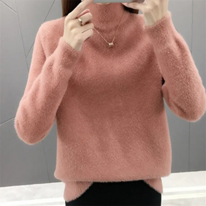 

Solid Sweater Women Western Style Water Mink Hair Half High Collar Clothes Long Sleeve Keep Warm Loose Women's Sweater Casual