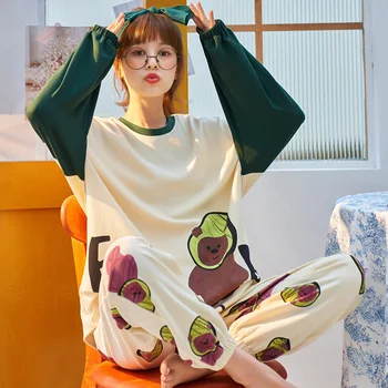 

MELIFLE Autumn Fashion Kawaii Pajamas Set for Women Atoff Home Satin Soft Woman Sleepwear Winter Warm Silk Loungewear Nightwear