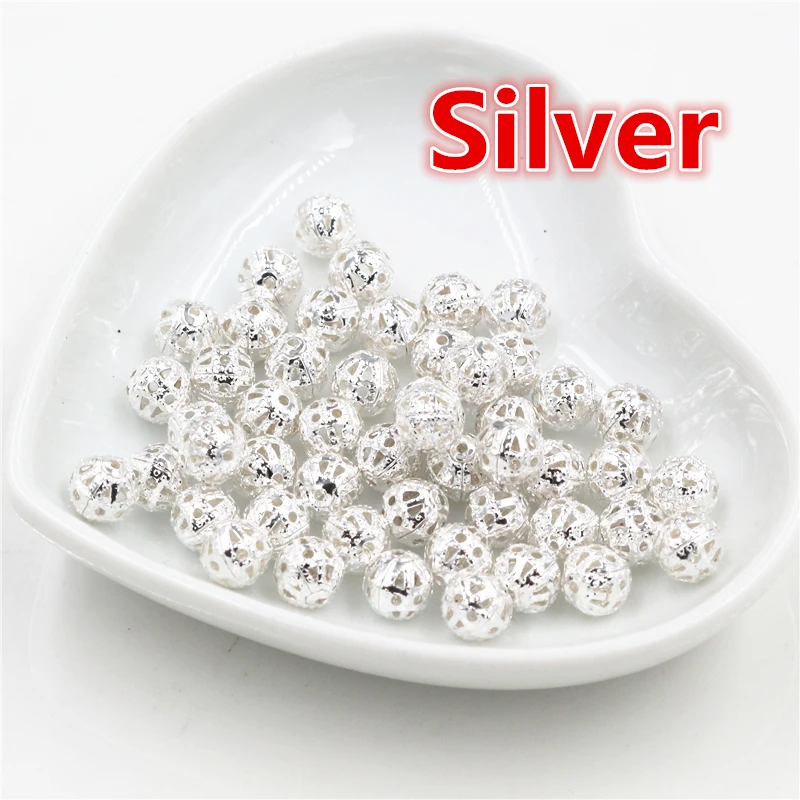 Silver 4/6/8/10 мм полый шар с цветами и бусинами и металлическими декоративными элементами из бронзы/Золотой и серебристый цвета RhodiumPlated филигранные граненые бусины для изготовления ювелирных изделий - Цвет: Silver