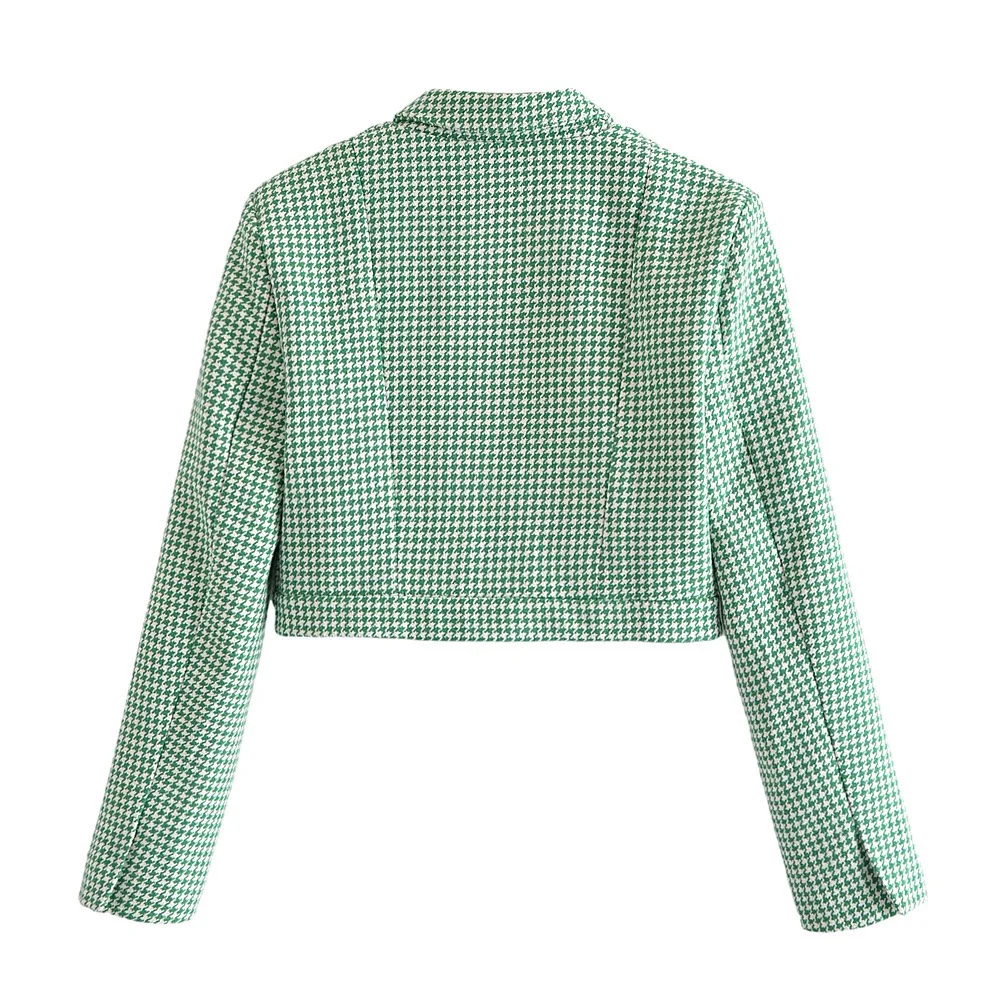 Retro French Style Green Check Plaid Weavon Cropped Blazer Women Notched Metal Buckle Buttons High Waist Suit Short Coat Outwear
