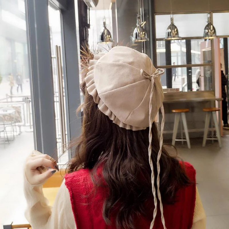 Сезон: весна–лето Для женщин Шапки Винтаж лук художник шапка милые Для Женщин Береты модные однотонные берет Шапки для Для женщин