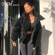 Velvet Zip Up Women's Winter Down Jacket Solid Casual Turn-down Collar Quilted Coat Vintage Warm Parkas Black Overcoat  Iamhotty