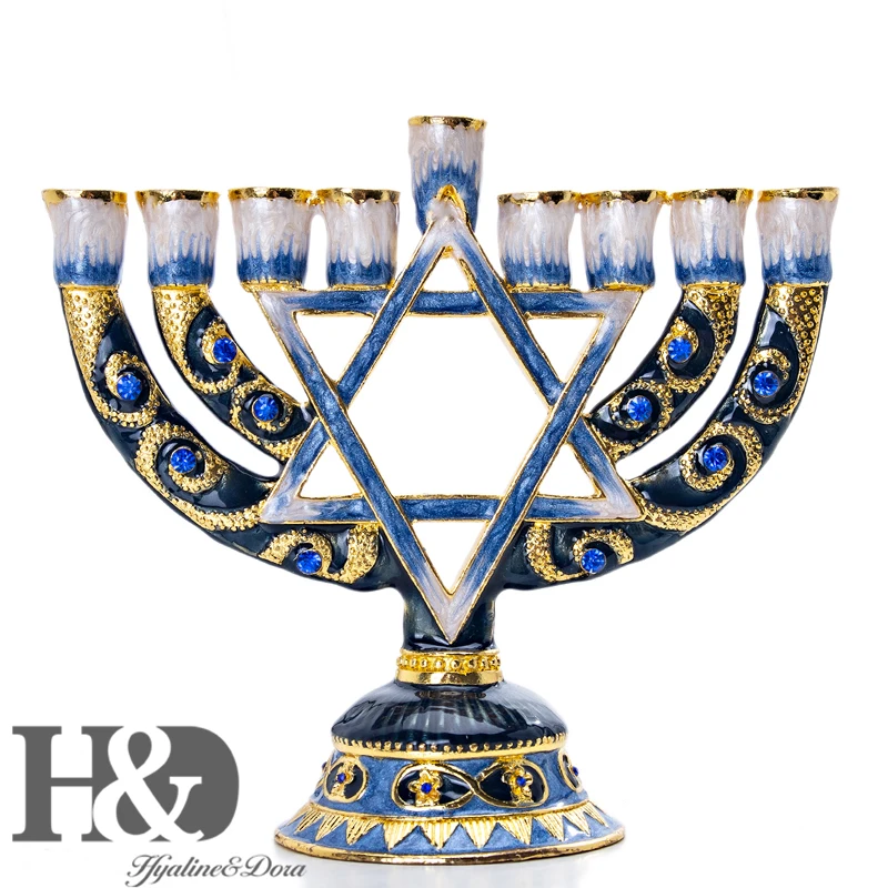 

H&D Hanukkah Menorah Hand Painted Enamel Candle Holder Chanukah Menorah Temple Hexagonal Star of David Candlesticks 9 Branch Home Party Decoration Holy Land Gift