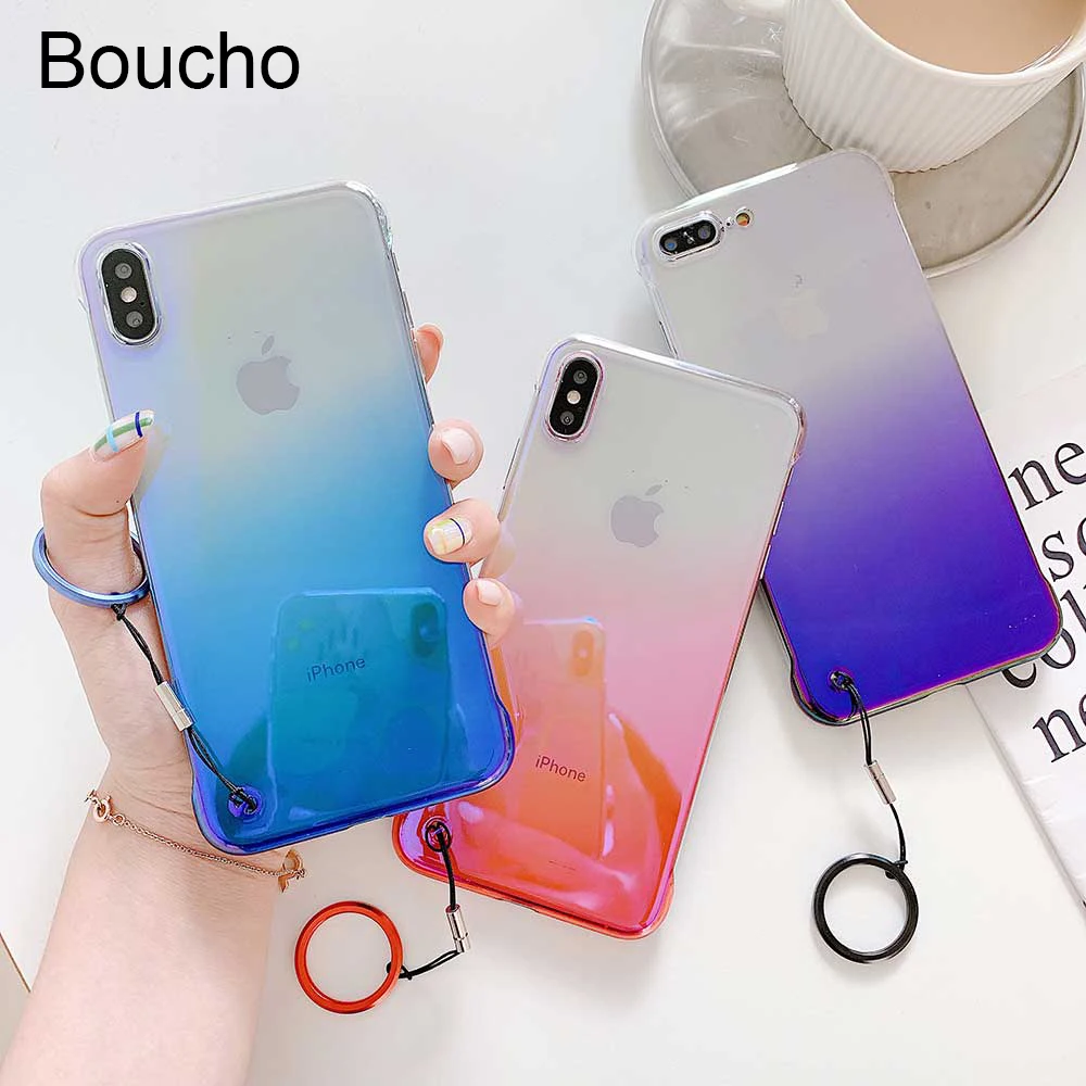 

Boucho Frameless Gradient Phone Case For Iphone XS MAX XR X 6 6s 7 8 Plus 7plus Anti-knock Hard PC Cover With Finger Ring Case