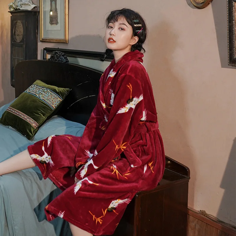 Women Crane Red Зимние халаты, толстые женские коралловые кимоно из рунной шерсти, халат с принтом Журавля, парная ночная рубашка, банное платье, одежда для сна, Мужская большая Ночная одежда - Цвет: Women Crane Red