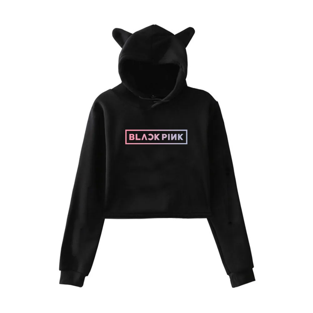 Сексуальные милые женские толстовки с длинным рукавом BlackPink Hip Одежда Harajuku для девочек короткий флисовый топ с капюшоном