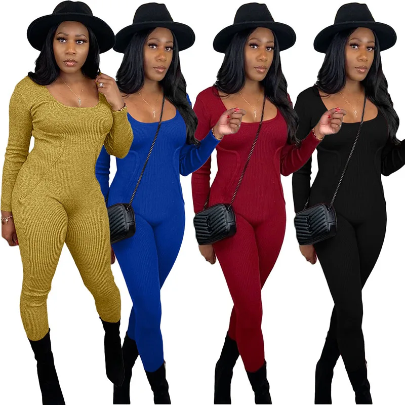 

Autumn Solid Color Slim Fit Jumpsuit Fashion Long Sleeve Ribbed Slim Fit Sports and Leisure 4-color Jumpsuit