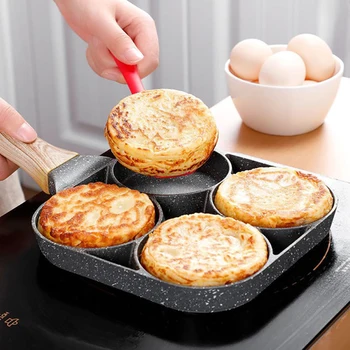 

4 Hole Omelet Pan For Burger Eggs Ham Pancake Maker Wooden Handle Frying Pot Non-stick Cooking Breakfast