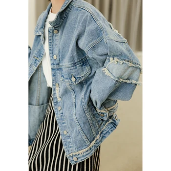 

2020 New Washable BF Denim Jacket Ripped Vintage Loose Casual Boyfriend Mom's Jeans Outwear Blue Cowboy Denim Coat Streetwear