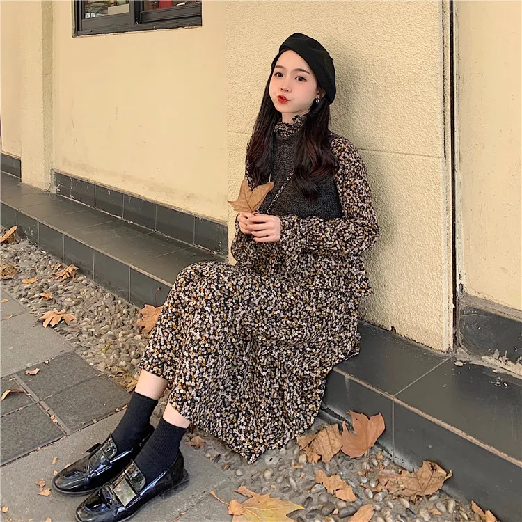 

EAD loose wild retro floral dress female 2019 new Korean version of the two-piece cake skirt