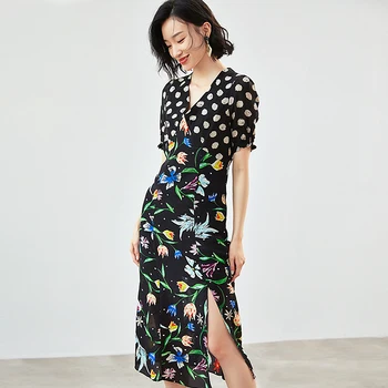

100% High Quality Silk Dress Women Print Dot Pathwork Decoration Deep V Neck Half Sleeves Slim Split Dress New Fashion