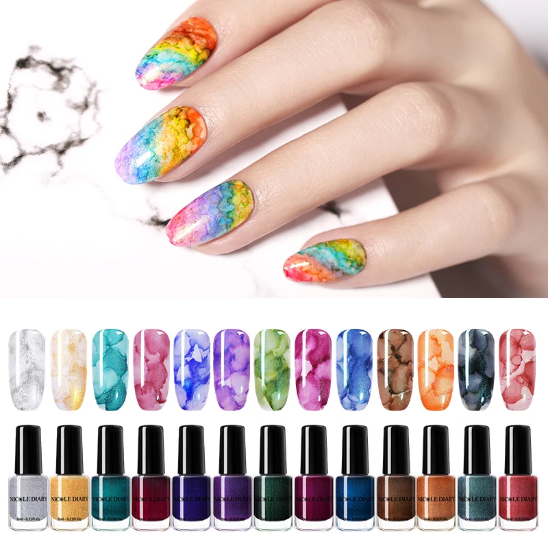 Набор лаков для ногтей NICOLE DIARY 2 шт. с блестящим цветком акварельные мраморные