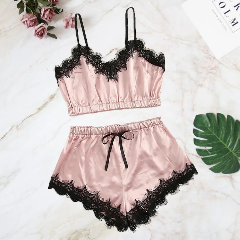 Pink 2 шт./компл. Для женщин сексуальная сатиновая Ночная сорочка на бретельках топ и шорты комплекты белья Femme домашняя одежда для женщин сексуальное Lenceria нижнее белье, нижнее белье, одежда для сна, комплекты - Цвет: Pink