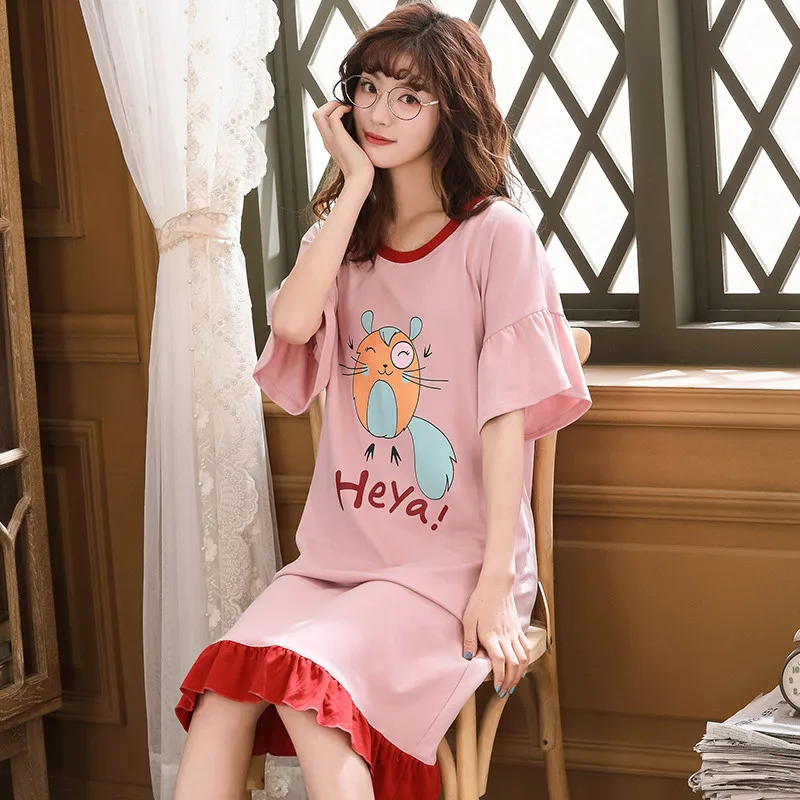 

Cartoon Nightgown Printing Cute Plus Size Women's Sleepwear 2020 Summer Girls Nightwear Comfortable And Loose Sleep Dress