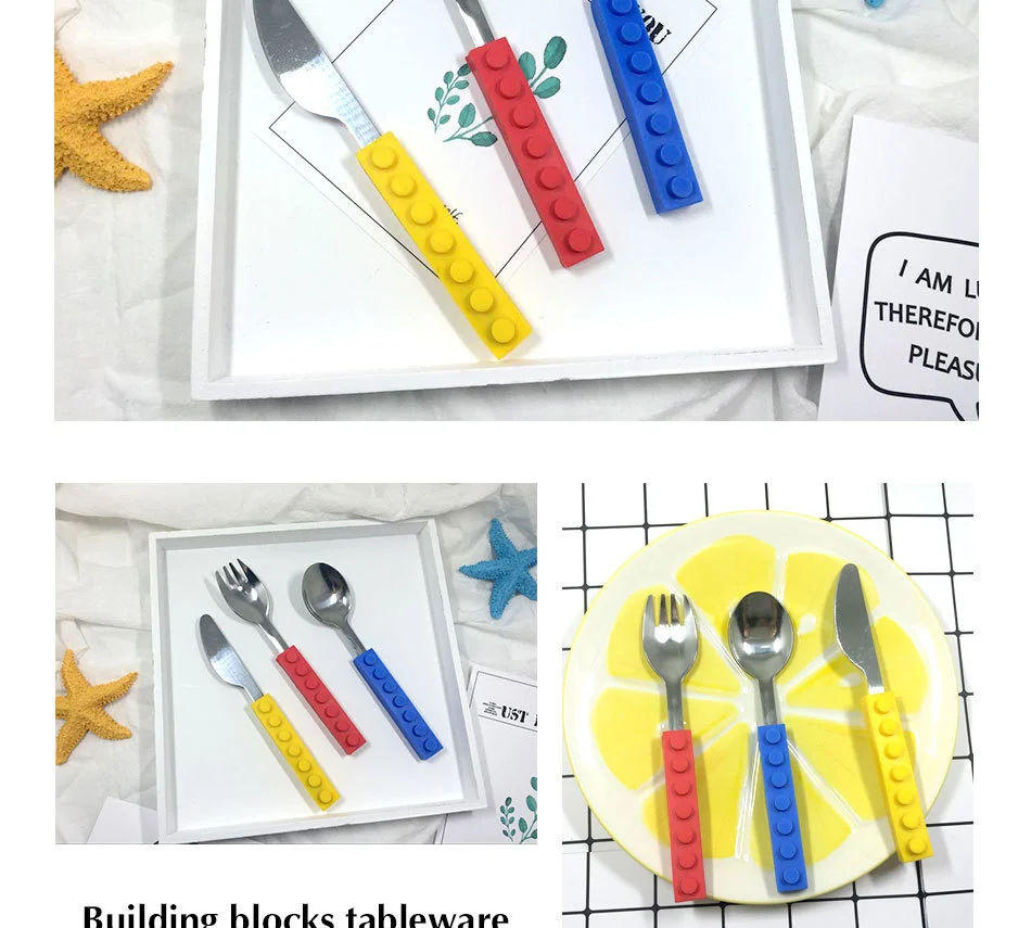 Creative Lego Bricks Portable Silicone Stainless Steel Tableware Set Travel Kids Adult Cutlery Fork Picnic Set Gift Dinnerware (7)
