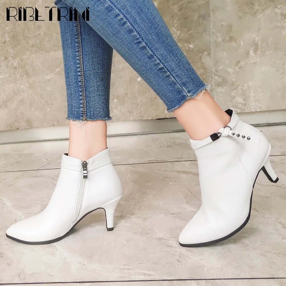

RIBETRINI New Office Lady High Quality OL Black Shoes Woman Genuine Leather Ankle Boots High Thin Heels Boots Women