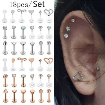 

18 Pcs Stainless Steel Acrylic Labret Monroe Ring Lip Ring Ear Helix Ring Ear Stud Lip Studs Body Piercing Jewellery 16Ga