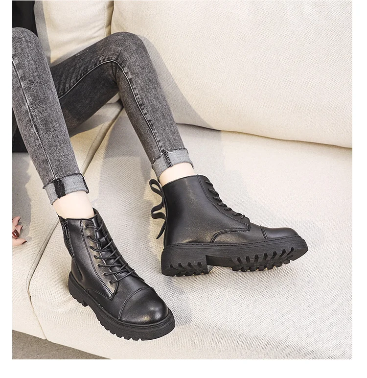 

Rimocy Zipper Black PU Leather Ankle Boots Women Autumn Winter Round Toe Lace Up Shoes Woman Fashion Motorcycle Platform Botas