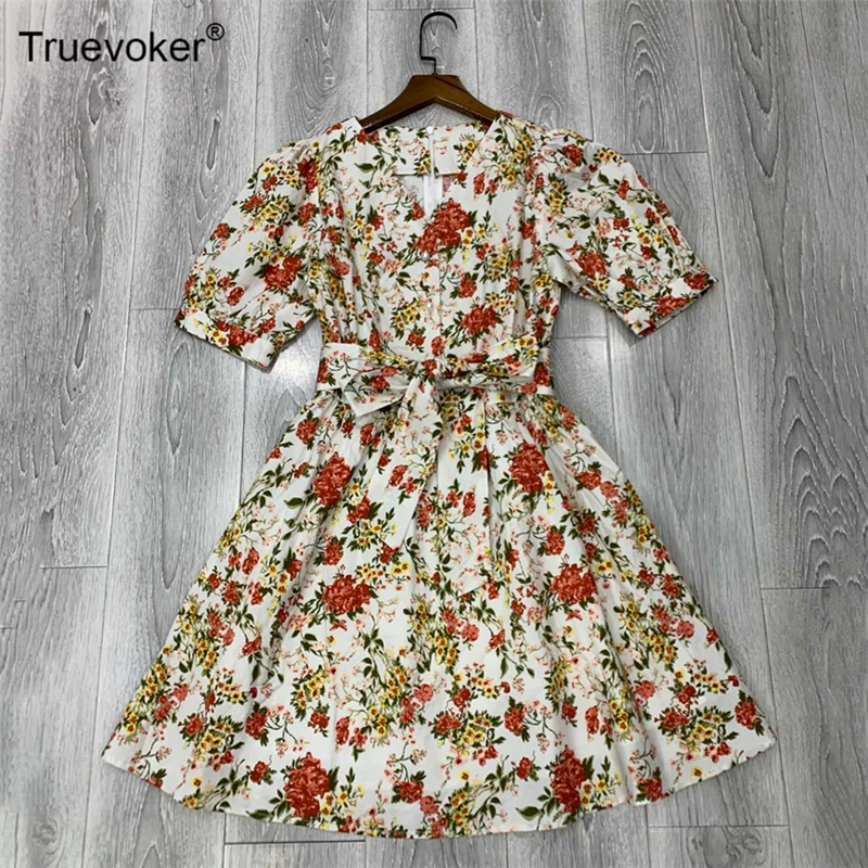 

Truevoker Runway Designer Dresses Women's Short Sleeve Colorful Flower Printed Cotton Holiday Party Vestidoes